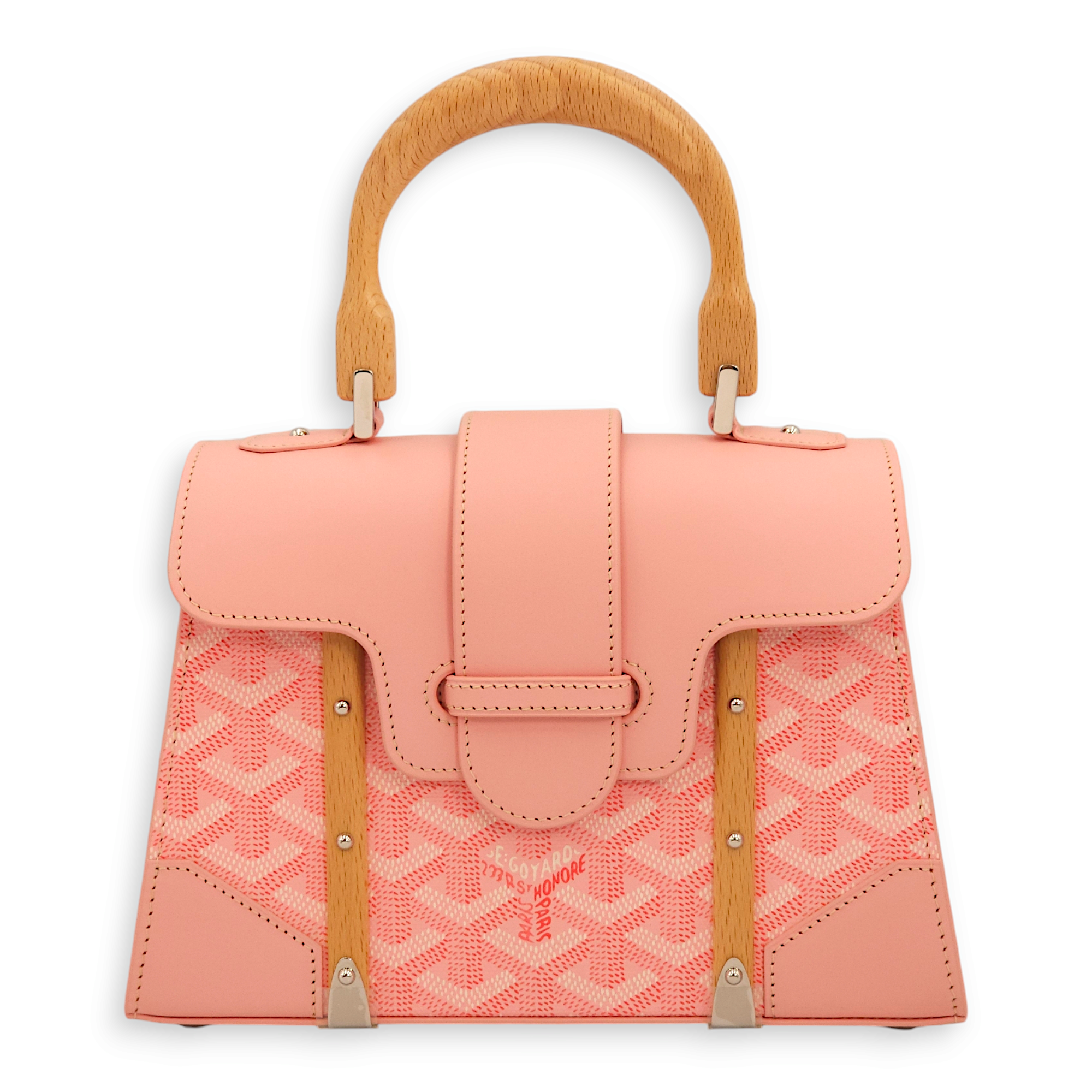 Saigon Structured Mini Powder Pink Top Handle Bag in Goyardine Canvas, Palladium hardware