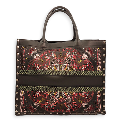 Book Embroidered Studded Leather Large Multicolor Tote Bag in Calfskin, Palladium hardware