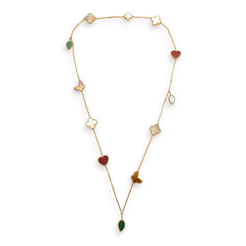 Lucky Alhambra Long 12 Motifs Carnelian, Malachite,Mother of Pearl, Tiger Eye Necklace in Yellow Gold