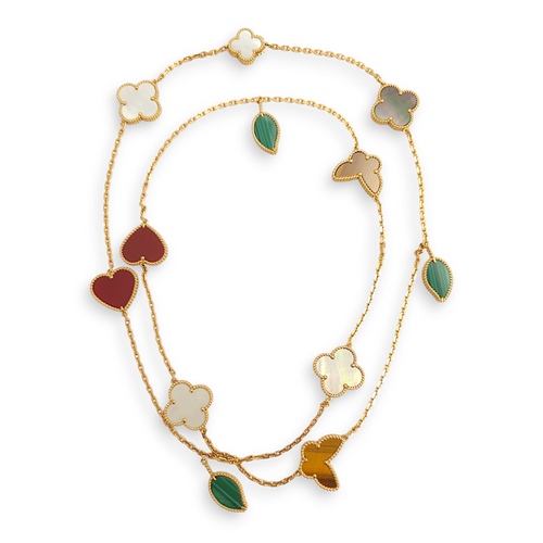 Lucky Alhambra Long 12 Motifs Carnelian, Malachite,Mother of Pearl, Tiger Eye Necklace in Yellow Gold