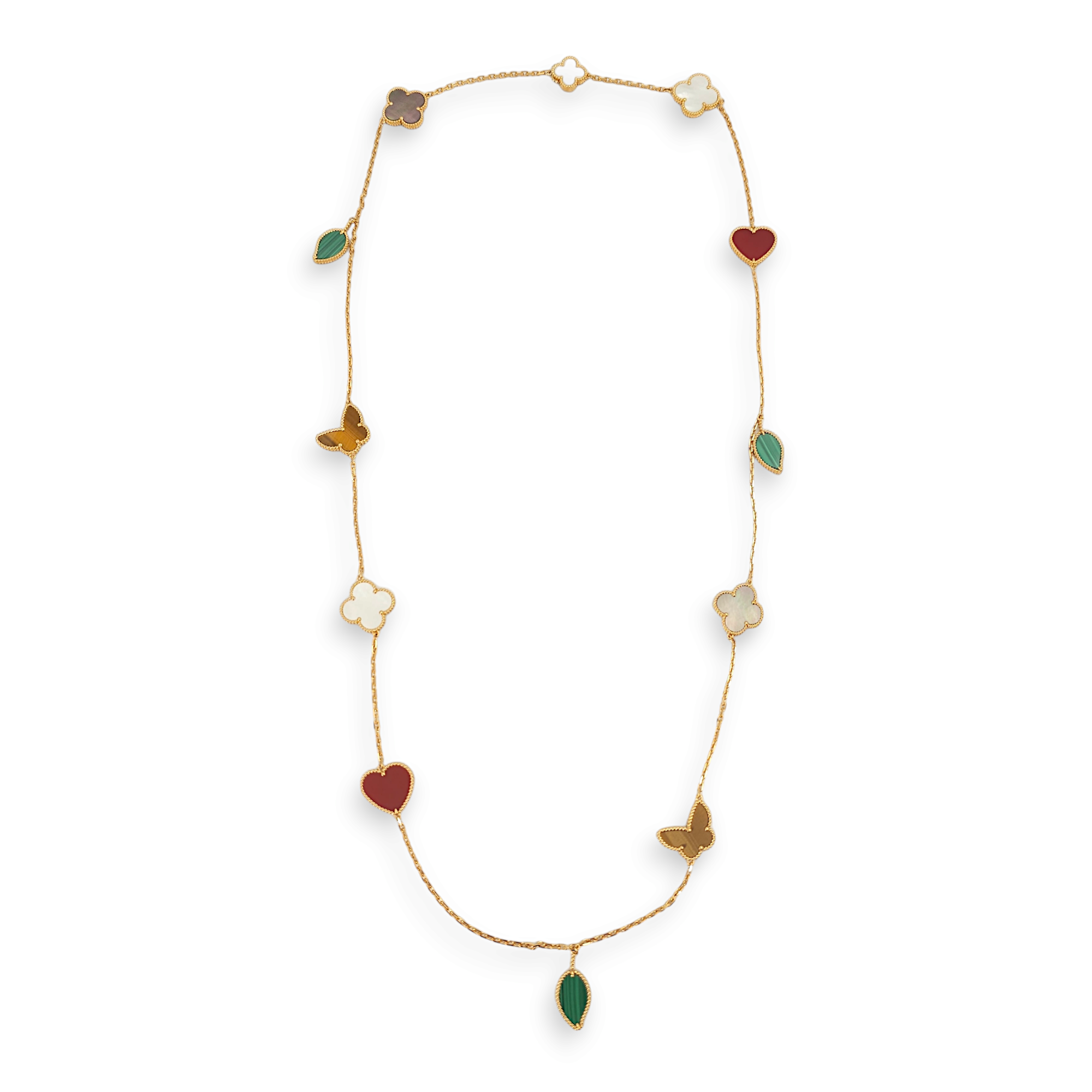 Lucky Alhambra Long 12 Motifs Carnelian, Malachite,Mother of Pearl, Tiger Eye Necklace in Yellow Gold