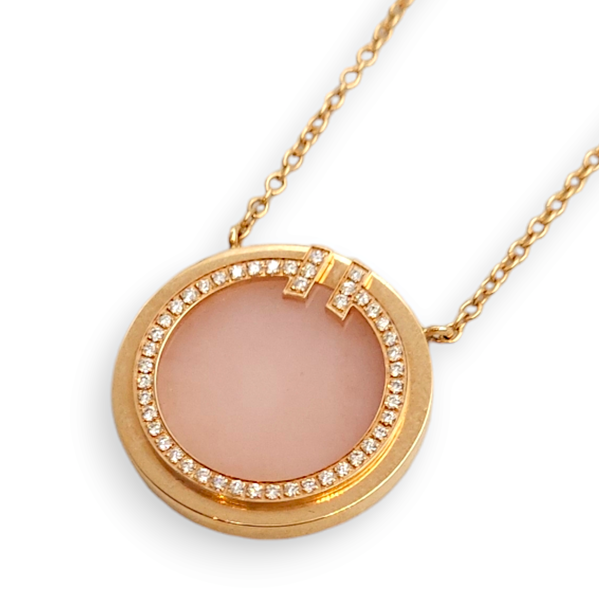 Diamond and Pinic Opal Circle Pendant 46 Diamonds Necklace in Rose Gold