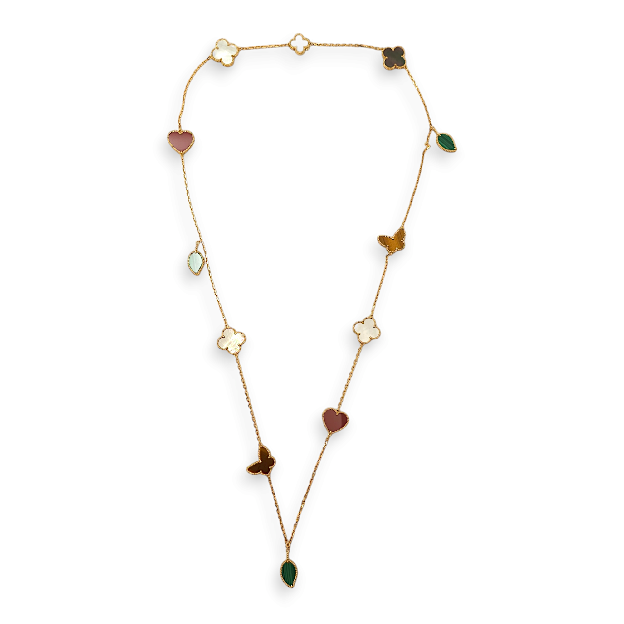 Lucky Alhambra Long 12 Motifs Carnelian, Malachite,Mother of Pearl, Tiger Eye Necklace in Yellow Gold