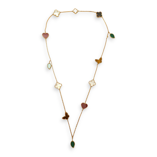 Lucky Alhambra Long 12 Motifs Carnelian, Malachite,Mother of Pearl, Tiger Eye Necklace in Yellow Gold