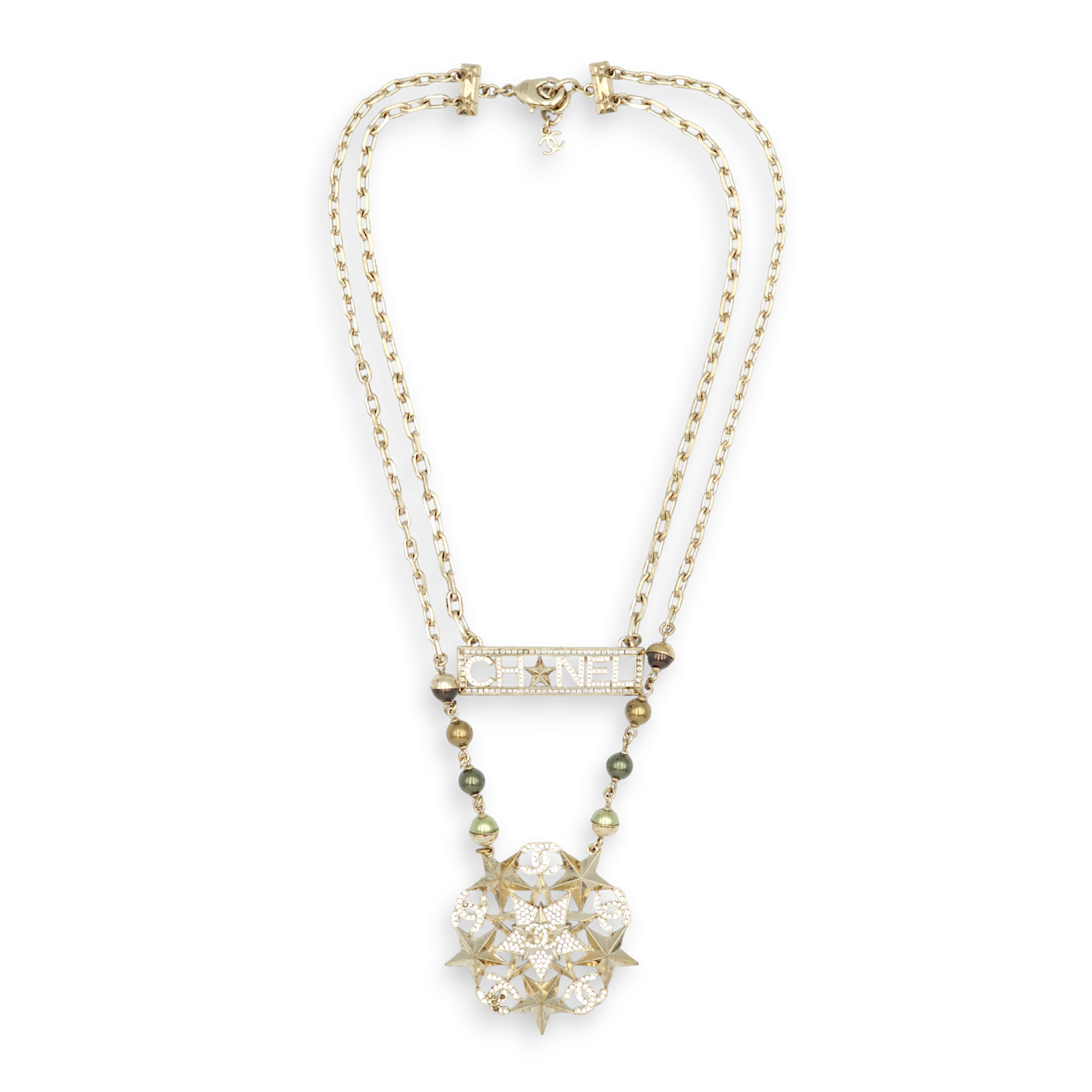 CC Logo & Star Dual Tiered Bronze/Grey Beads/Crystals Necklace in Crystal