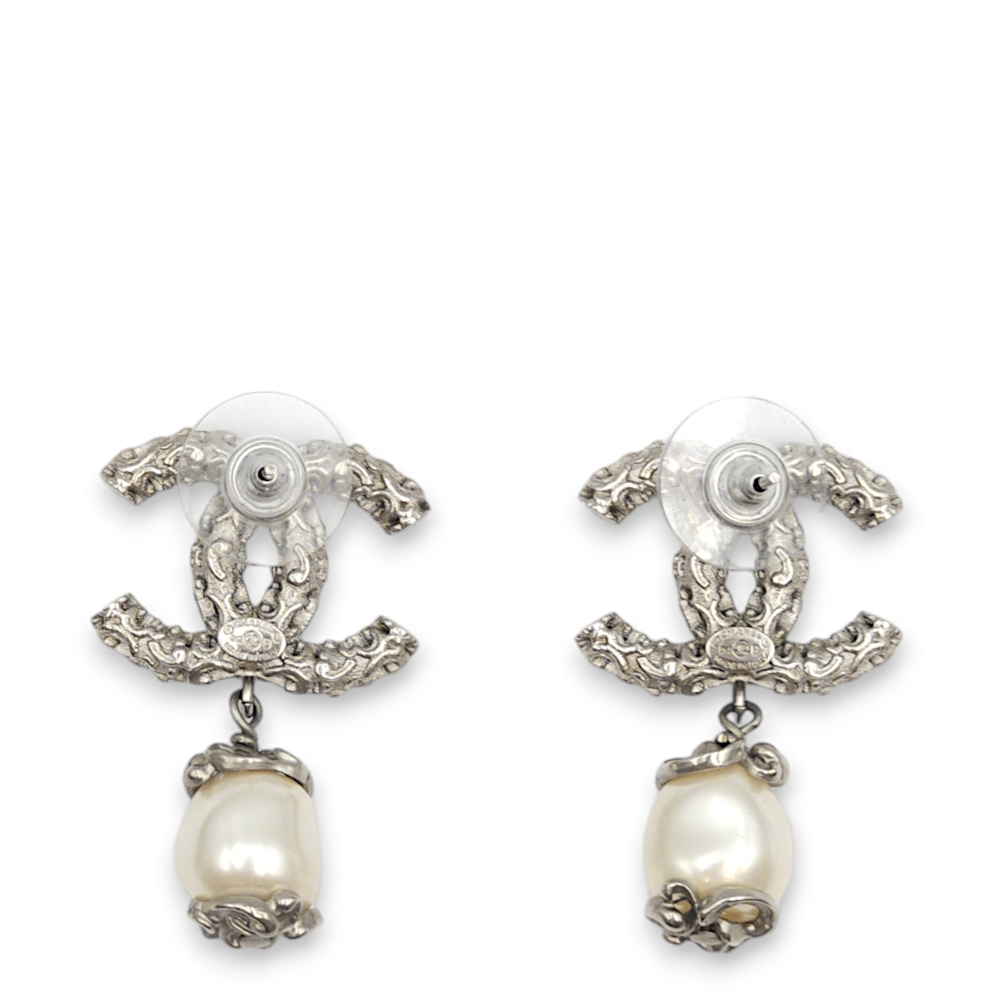 CC with Dangling Pearls White Earrings in Stainless Steel, Ruthenium hardware