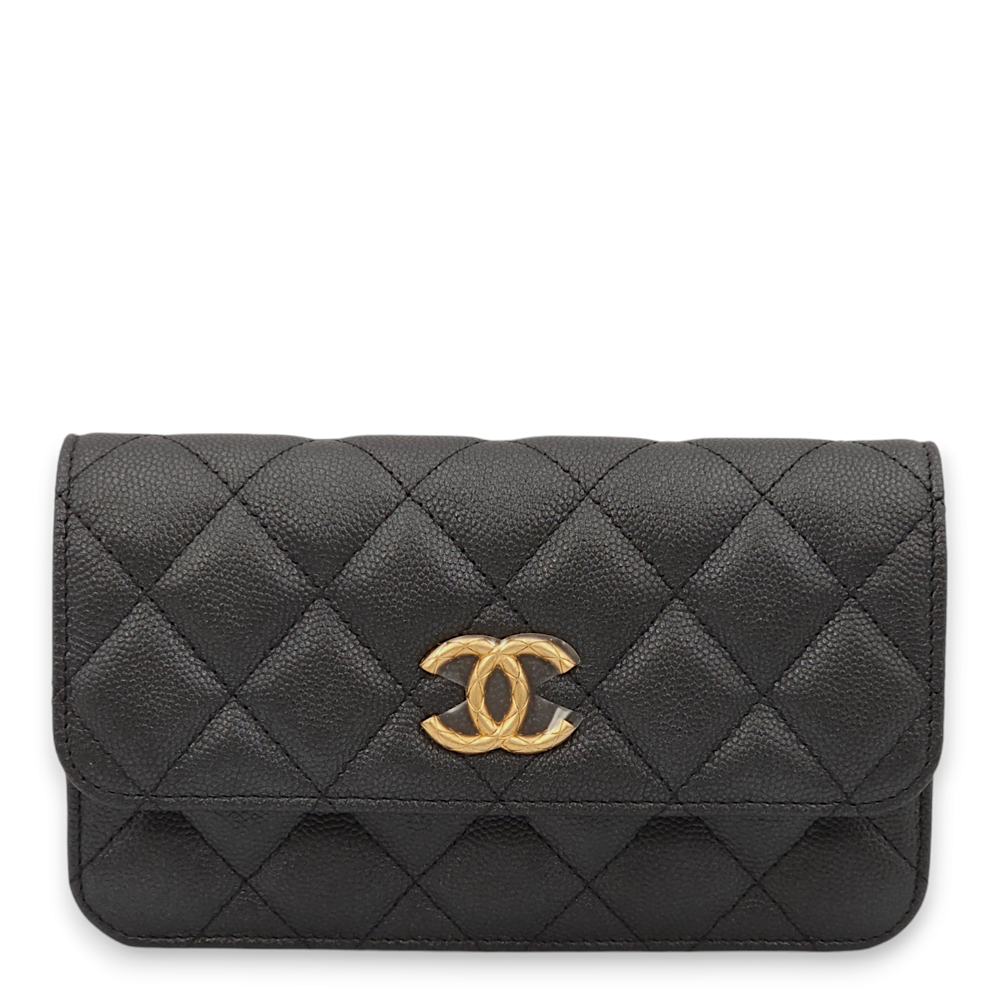 Quilted Black Wallet On Chain in Caviar Leather