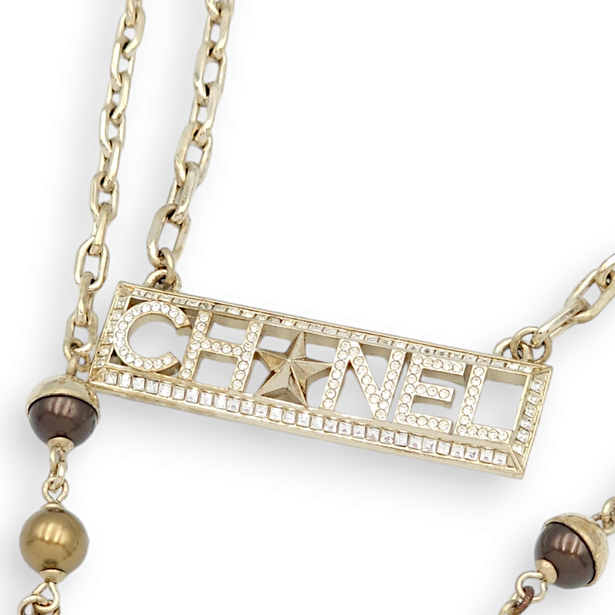 CC Logo & Star Dual Tiered Bronze/Grey Beads/Crystals Necklace in Crystal