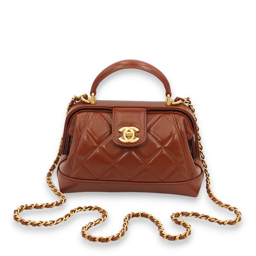 Quilted Mini Brown Top Handle Bag in Lambskin, Gold hardware