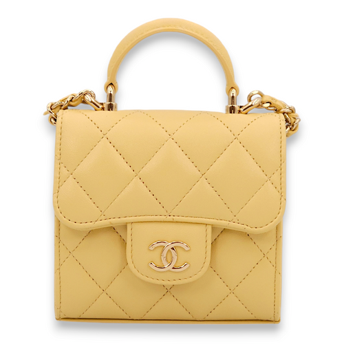 Quilted Mini Yellow Top Handle Bag in Lambskin, Gold hardware