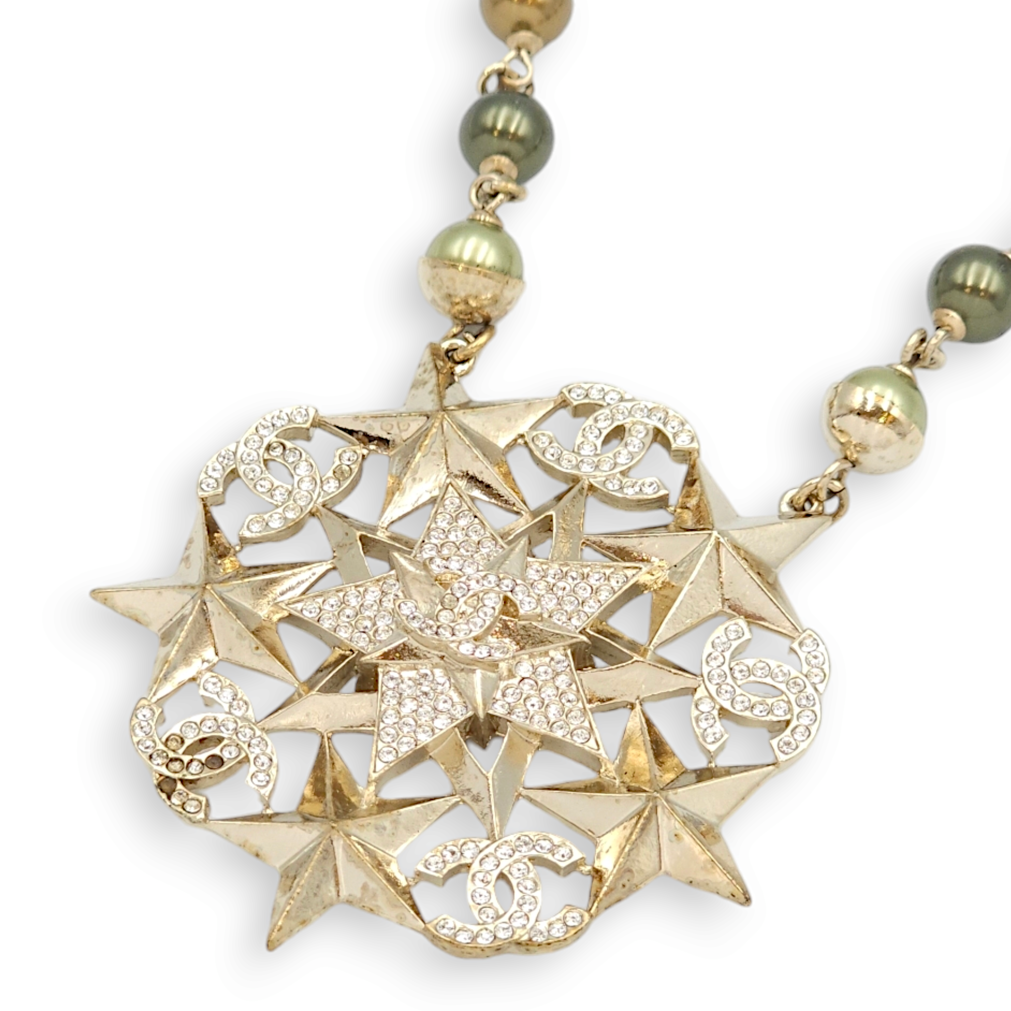 CC Logo & Star Dual Tiered Bronze/Grey Beads/Crystals Necklace in Crystal