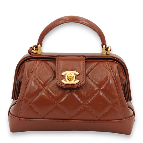 Quilted Mini Brown Top Handle Bag in Lambskin, Gold hardware