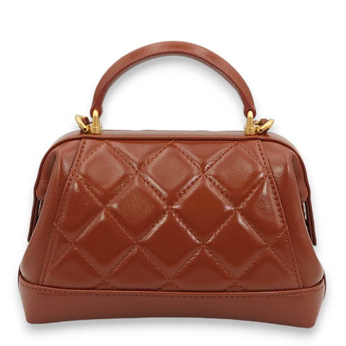 Quilted Mini Brown Top Handle Bag in Lambskin, Gold hardware