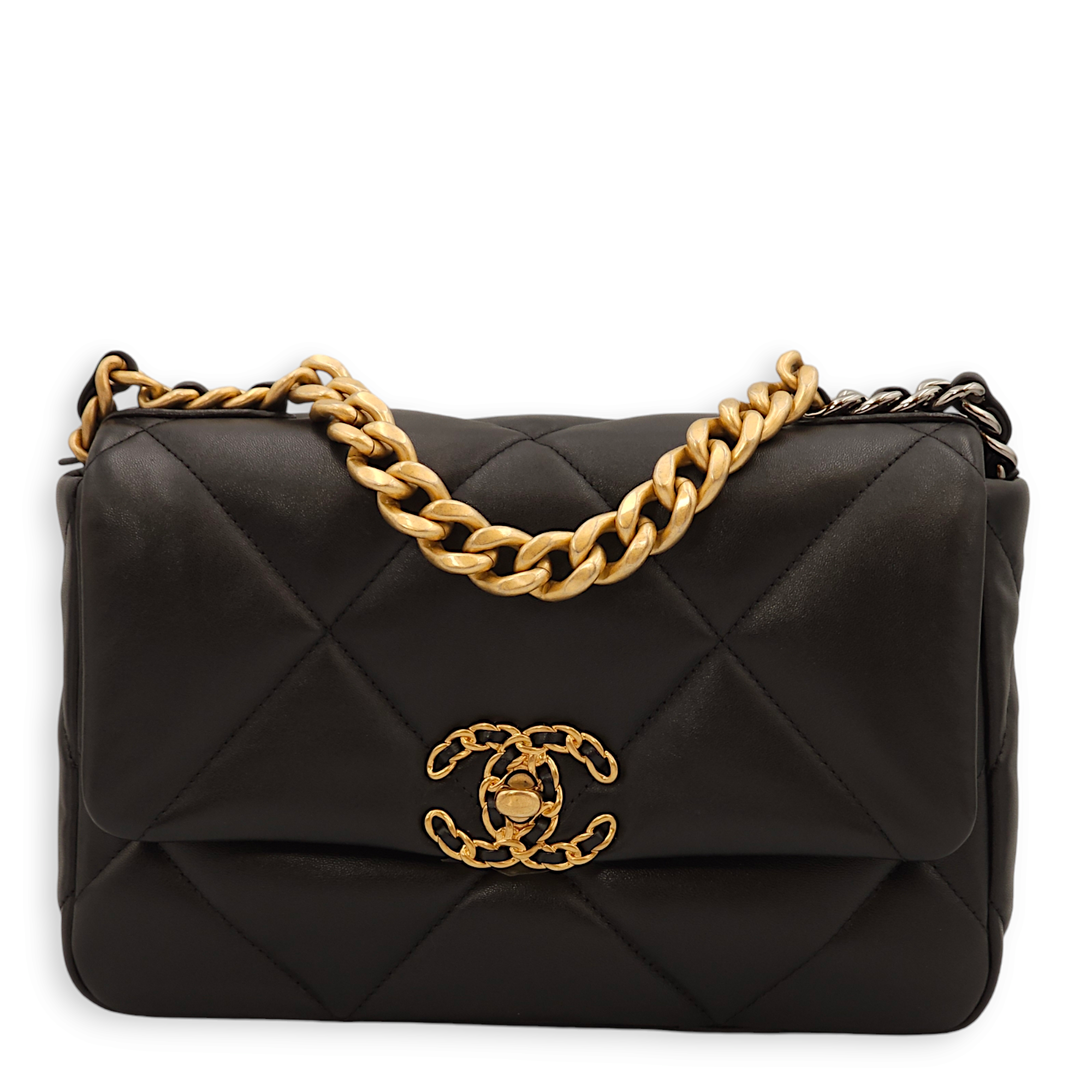 C19 Flap Small Black Shoulder Bag in Lambskin, 3-Tone hardware