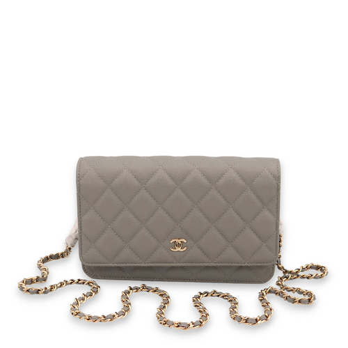 Classic Grey Wallet On Chain in Caviar Leather, Gold hardware