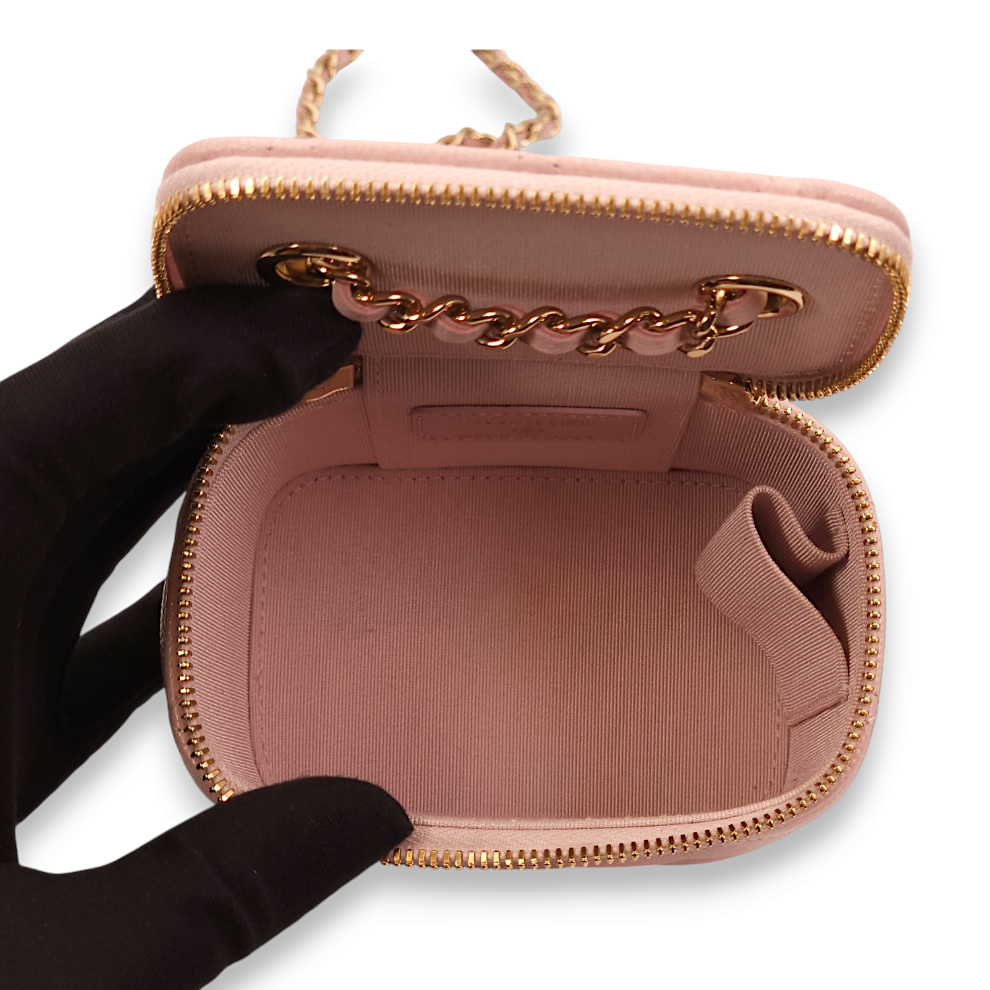 Quilted Mini Pink Vanity Bag in Caviar Leather, Gold hardware