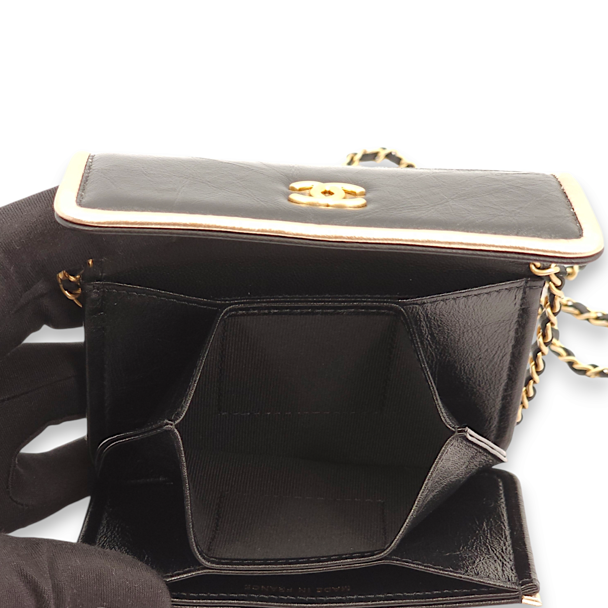 Purse Mini Black with Gold Trim Wallet On Chain in Calfskin, Gold hardware