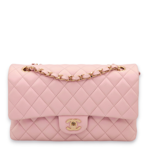 Classic Double Flap Medium Pearly Pink Shoulder Bag in Lambskin, Gold hardware