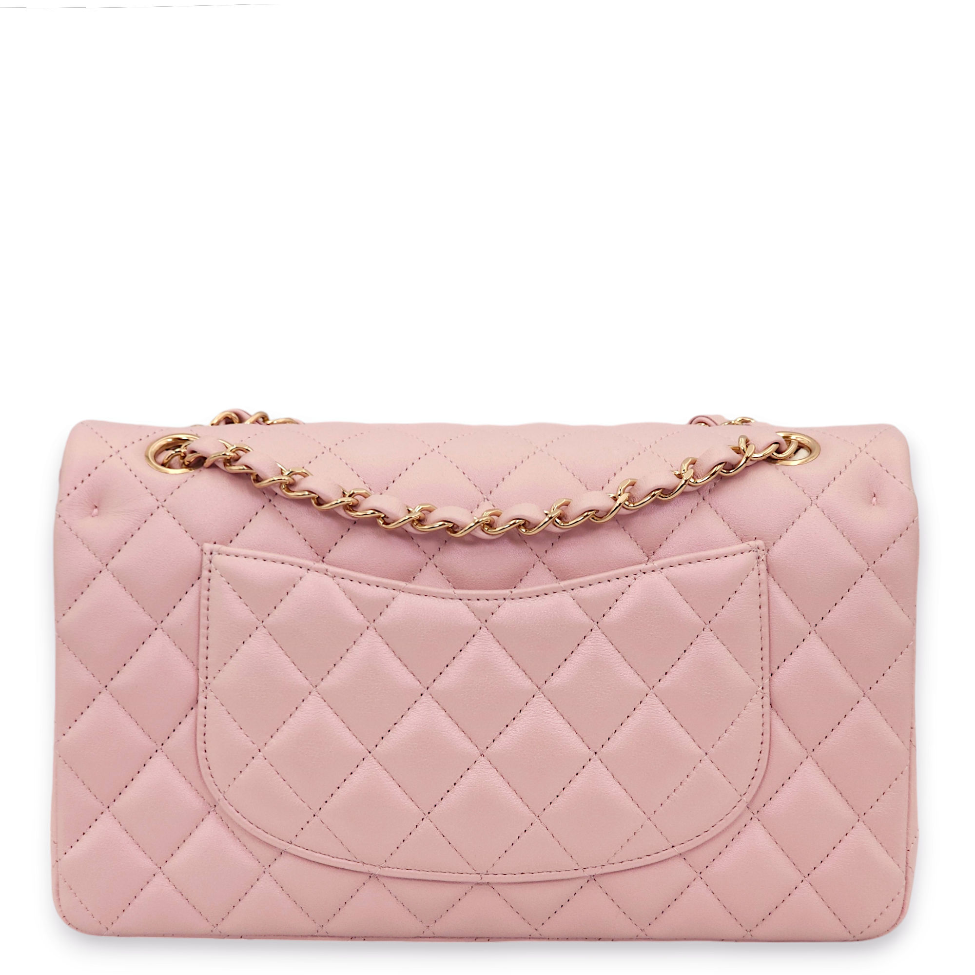 Classic Double Flap Medium Pearly Pink Shoulder Bag in Lambskin, Gold hardware