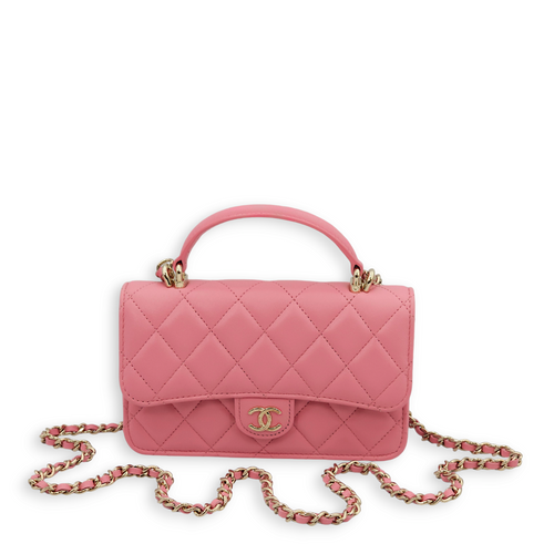 Quilted Clutch-On-Chain Pink Top Handle Bag in Lambskin, Gold hardware