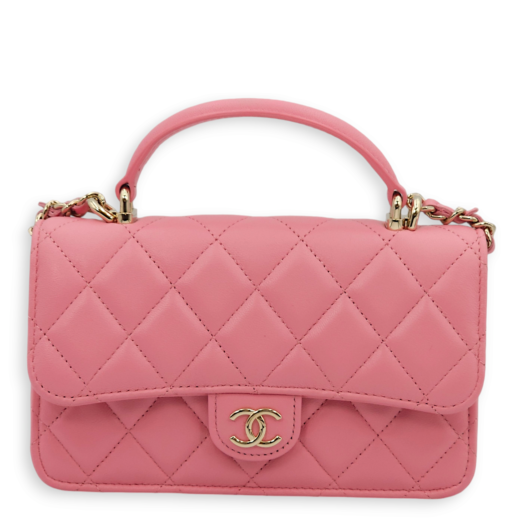 Quilted Clutch-On-Chain Pink Top Handle Bag in Lambskin, Gold hardware