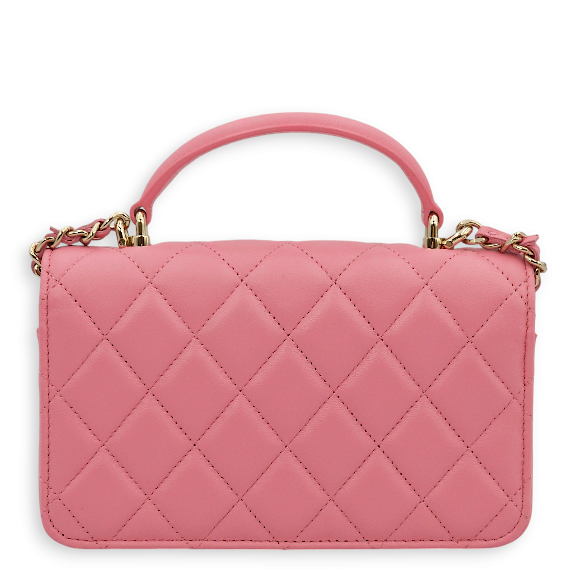 Quilted Clutch-On-Chain Pink Top Handle Bag in Lambskin, Gold hardware