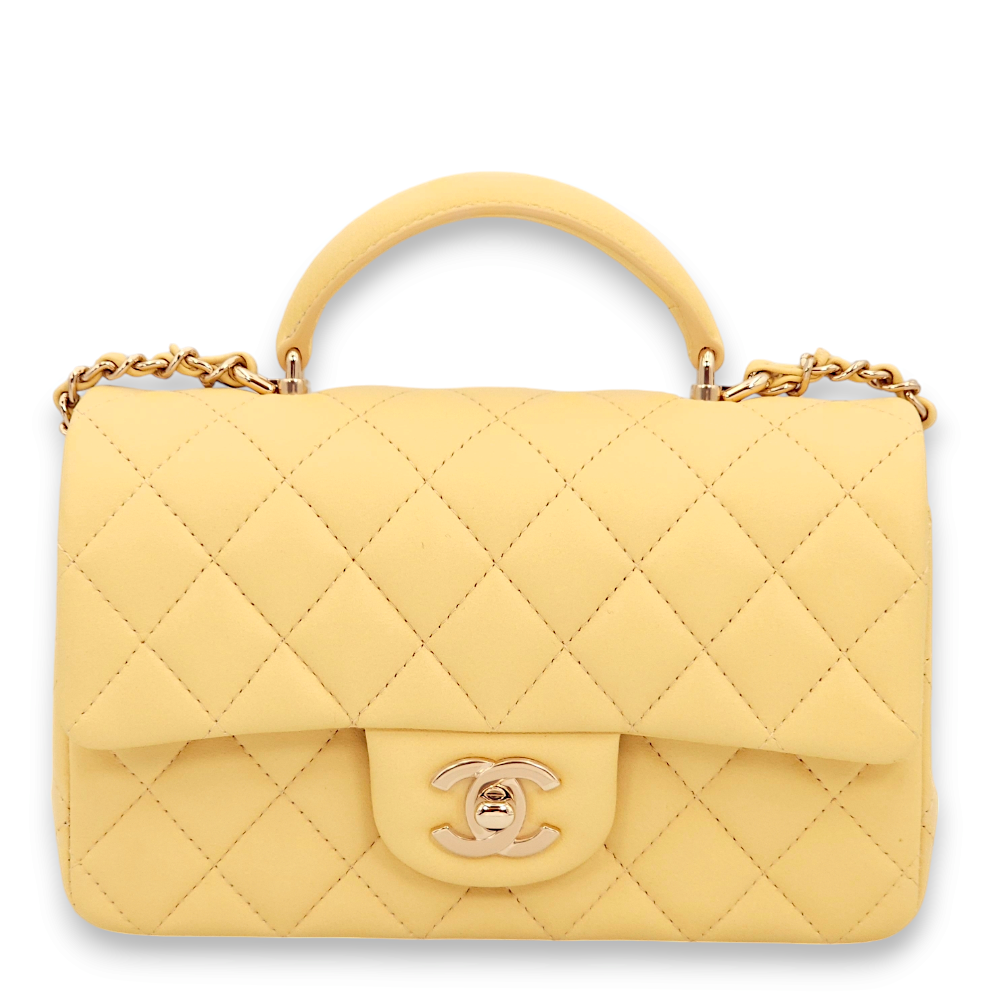 Quilted Rectangle Mini Yellow Top Handle Bag in Lambskin, Gold hardware