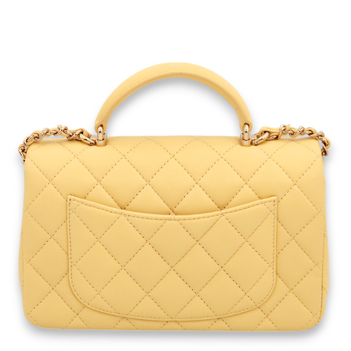 Quilted Rectangle Mini Yellow Top Handle Bag in Lambskin, Gold hardware