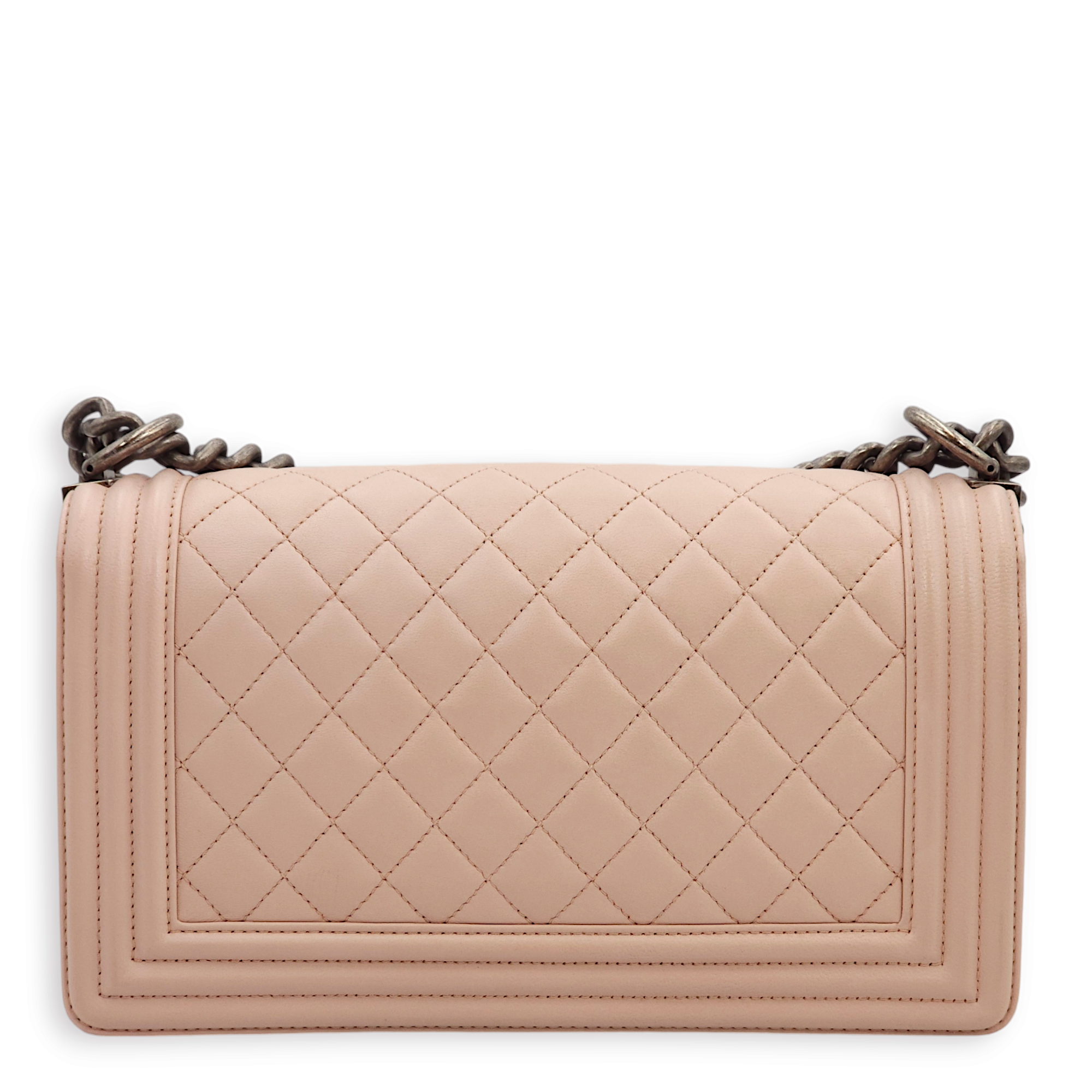 Quilted Le Boy (25cm) Medium Light Pink Shoulder Bag in Lambskin, Ruthenium hardware