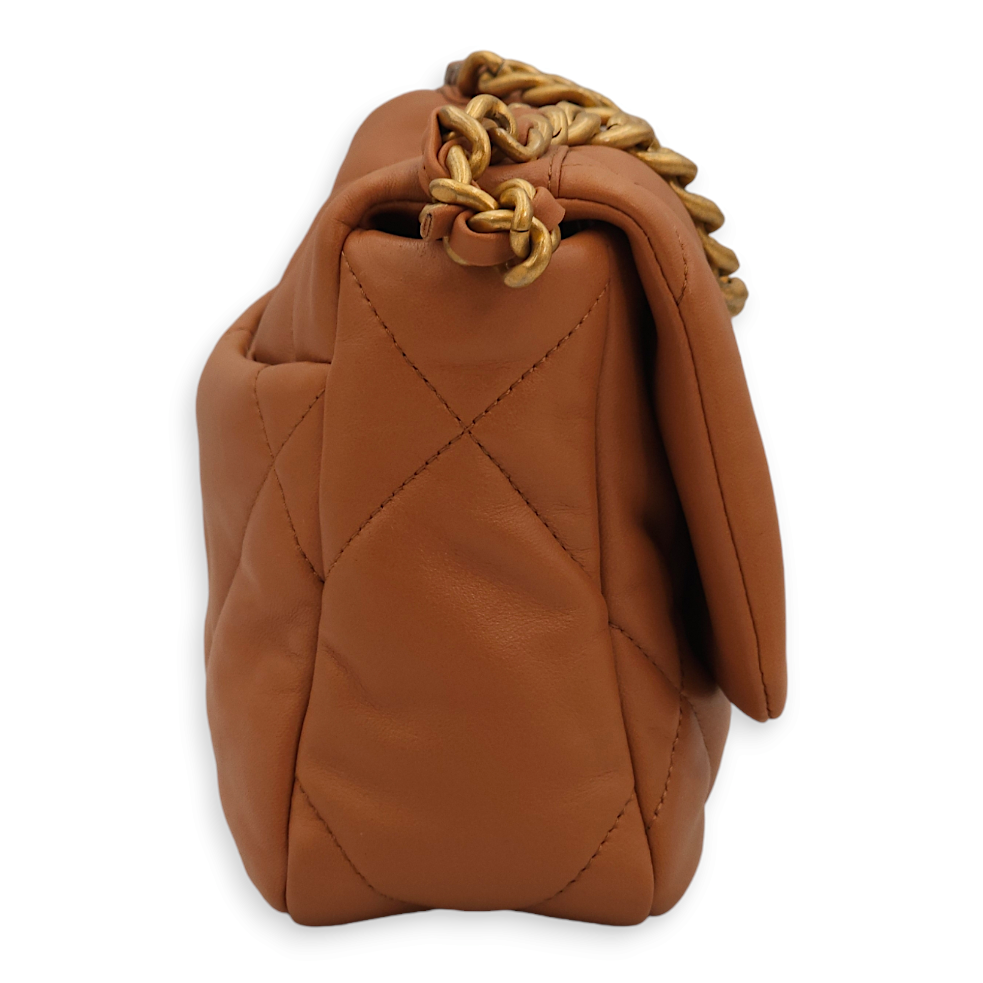 C19 Flap Small Caramel Shoulder Bag in Lambskin, 3-Tone hardware