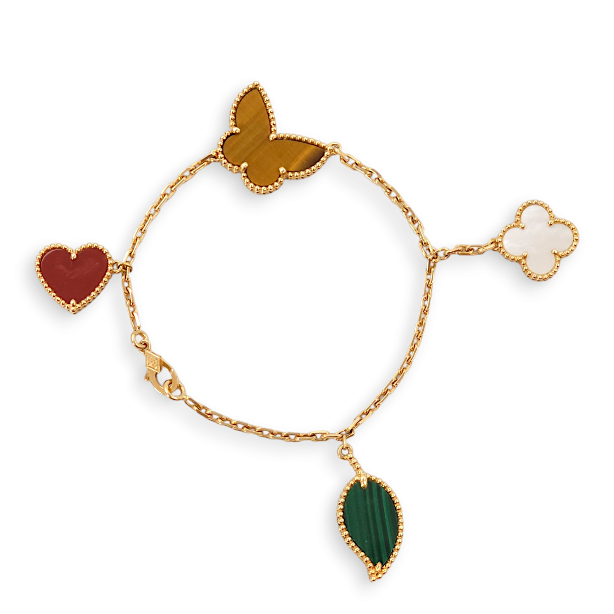 Lucky Alhambra 4 Motifs Carnelian, Malachite, Mother of Pearl, Tiger's Eye Bracelet in Yellow Gold