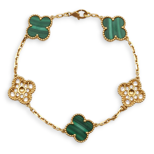 Vintage Alhambra 5 Motifs Malachite Bracelet in Gold