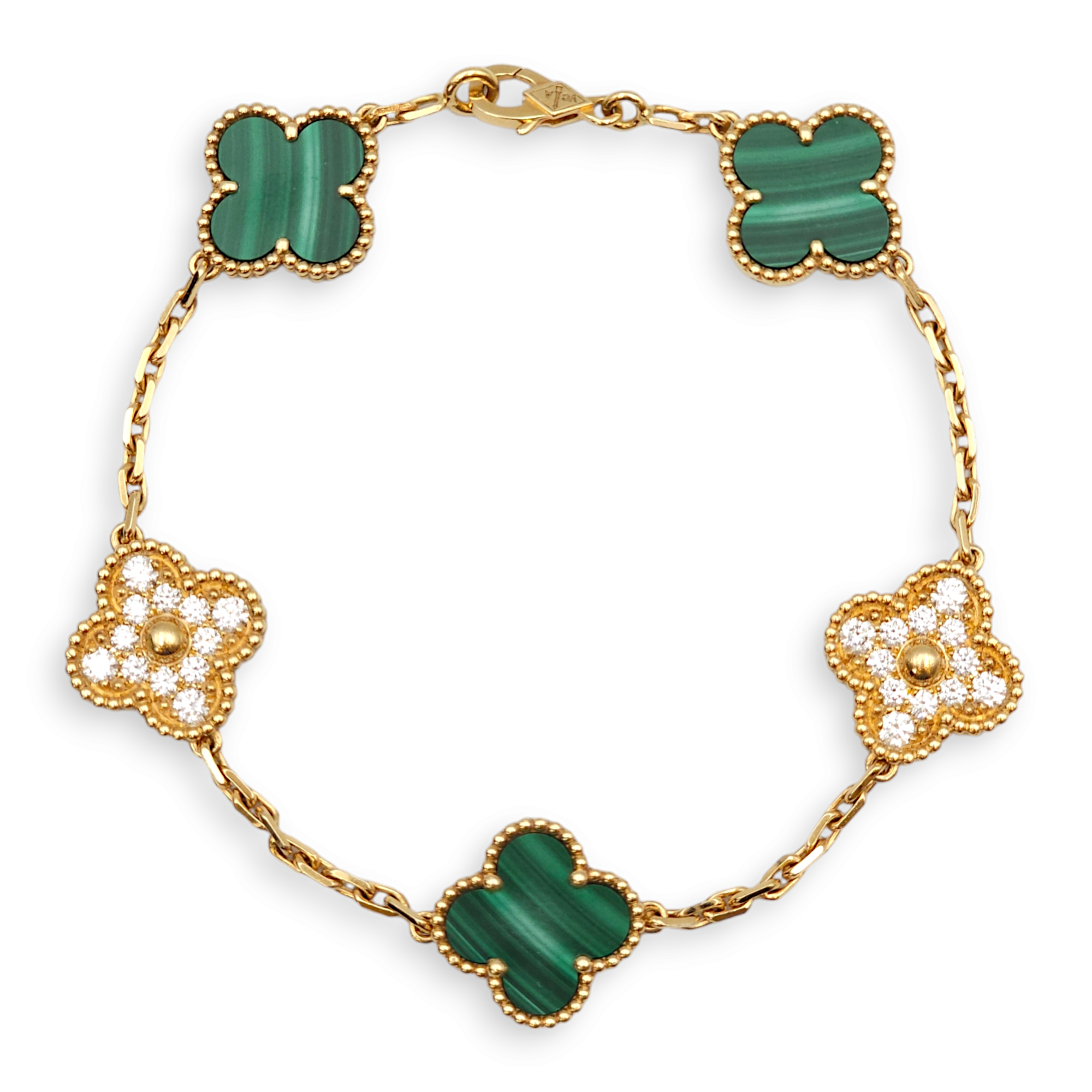 Vintage Alhambra 5 Motifs Malachite Bracelet in Gold