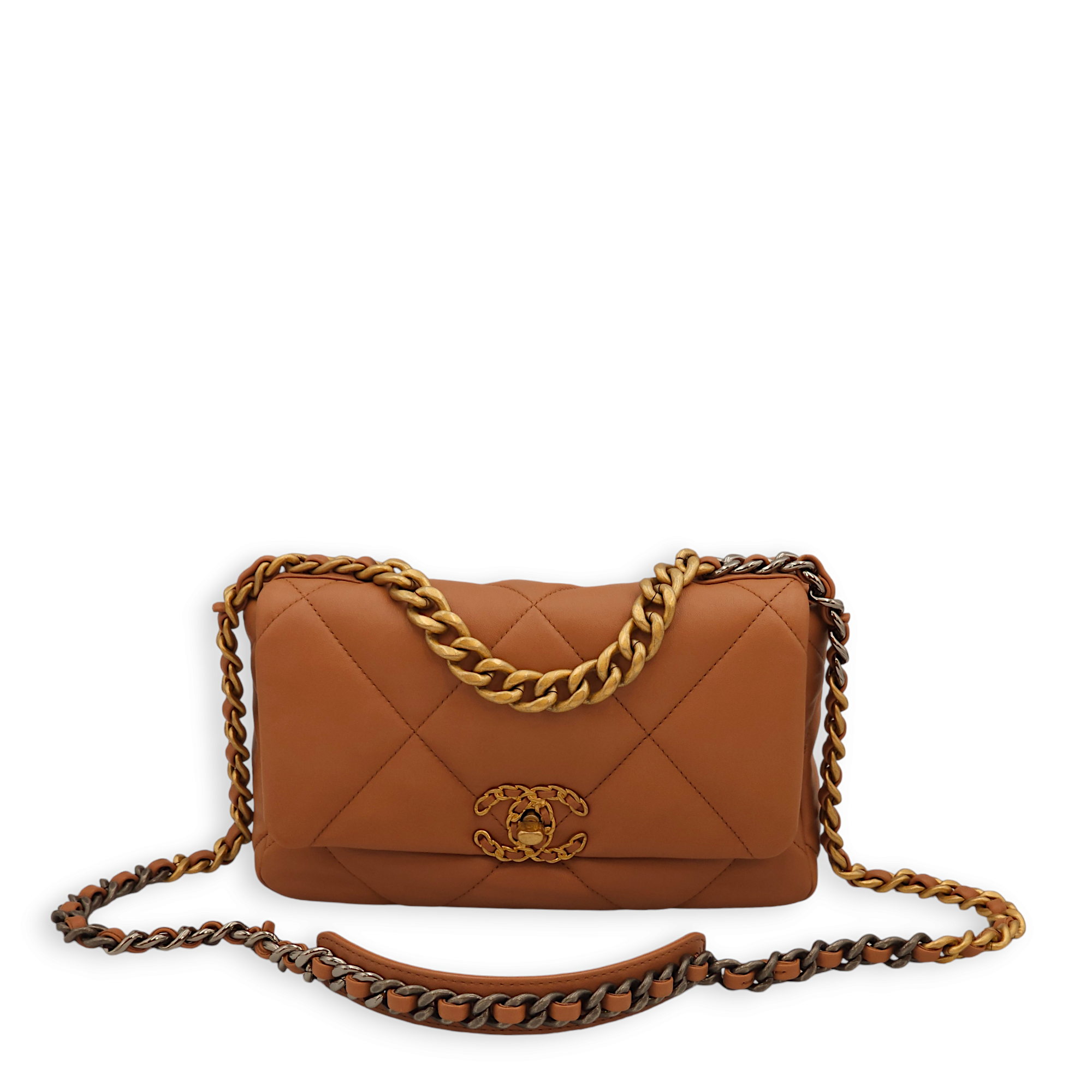 C19 Flap Small Caramel Shoulder Bag in Lambskin, 3-Tone hardware