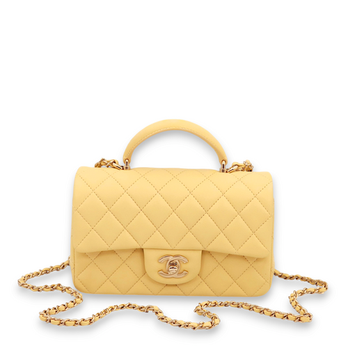 Quilted Rectangle Mini Yellow Top Handle Bag in Lambskin, Gold hardware