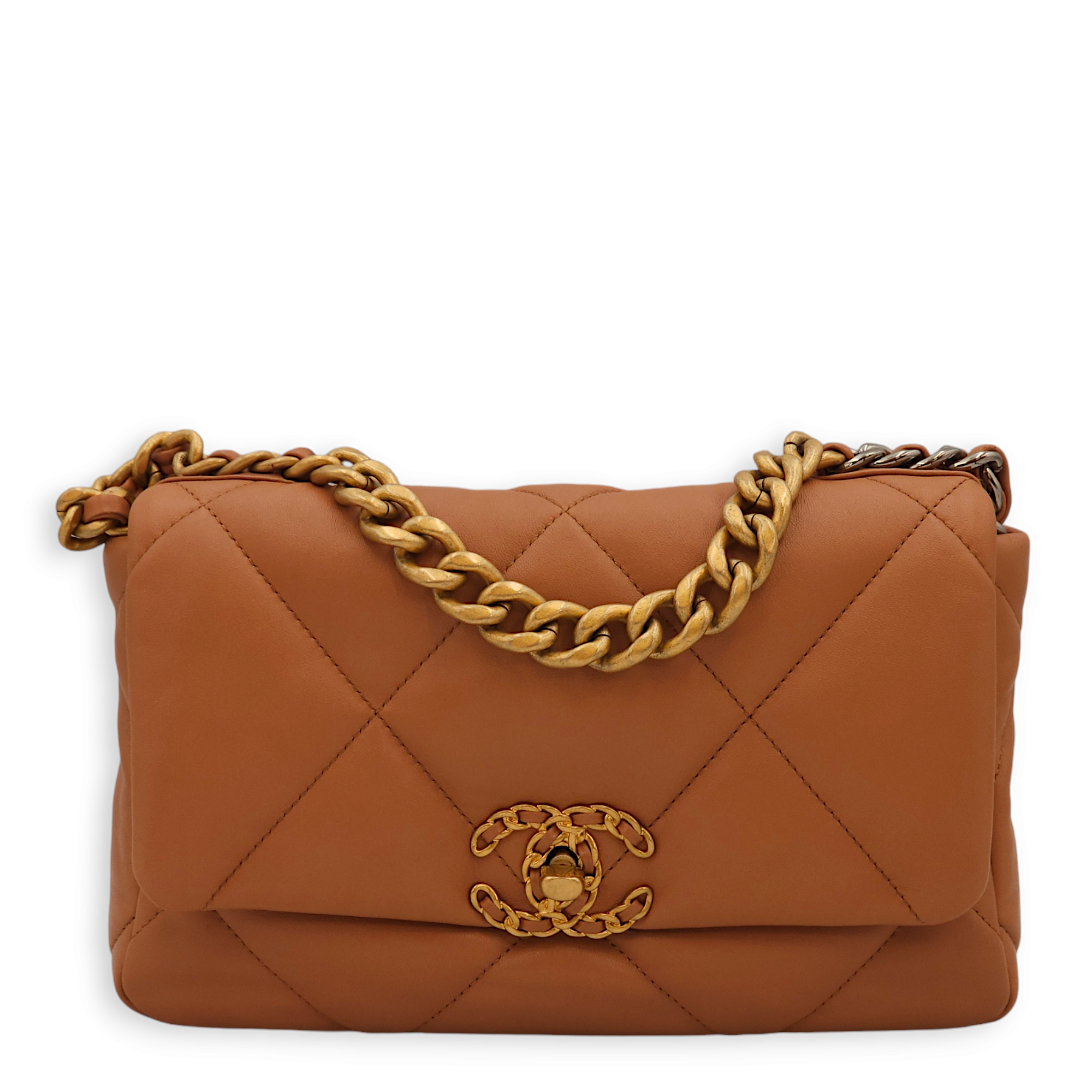 C19 Flap Small Caramel Shoulder Bag in Lambskin, 3-Tone hardware