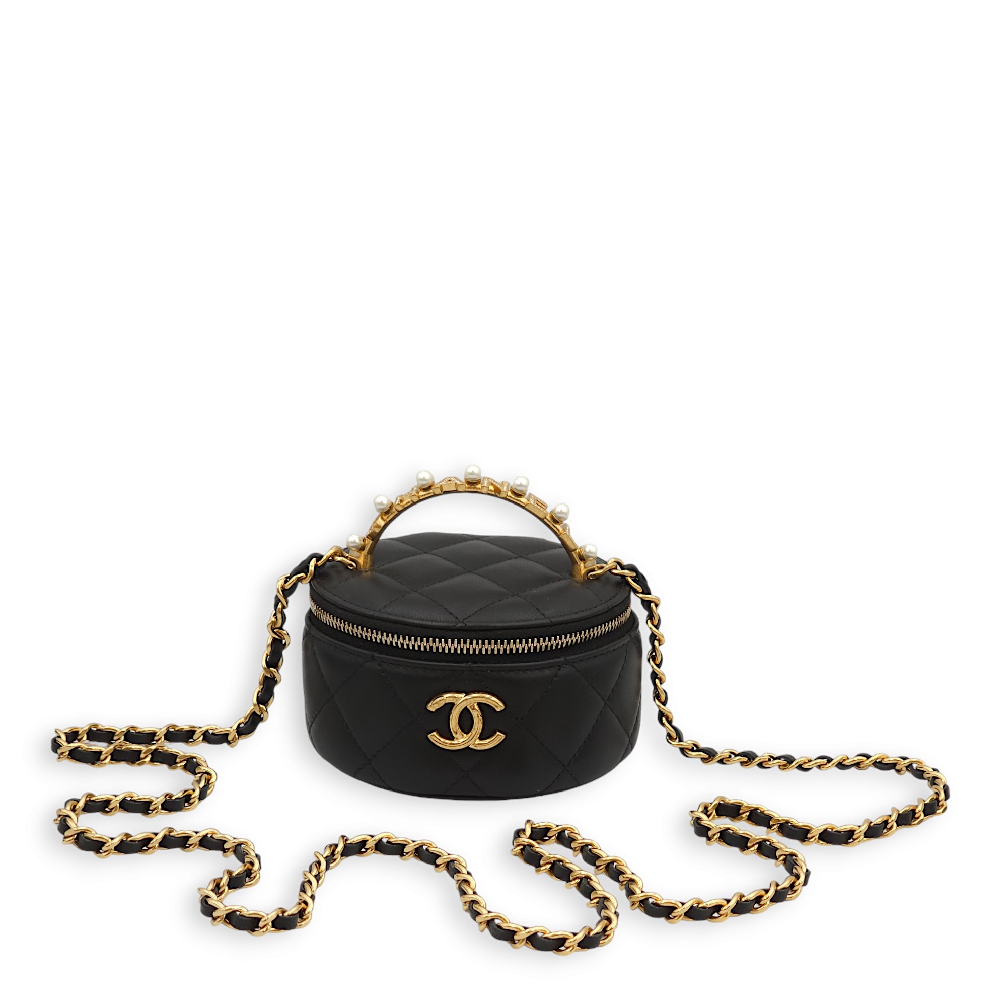 Round Vanity Logo/Pearl Black Top Handle Bag in Lambskin, Gold hardware