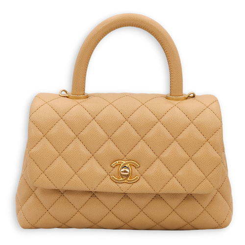 Quilted CoCo Small Beige Top Handle Bag in Caviar Leather, Gold hardware