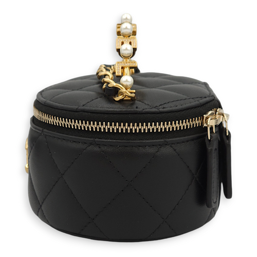 Round Vanity Logo/Pearl Black Top Handle Bag in Lambskin, Gold hardware