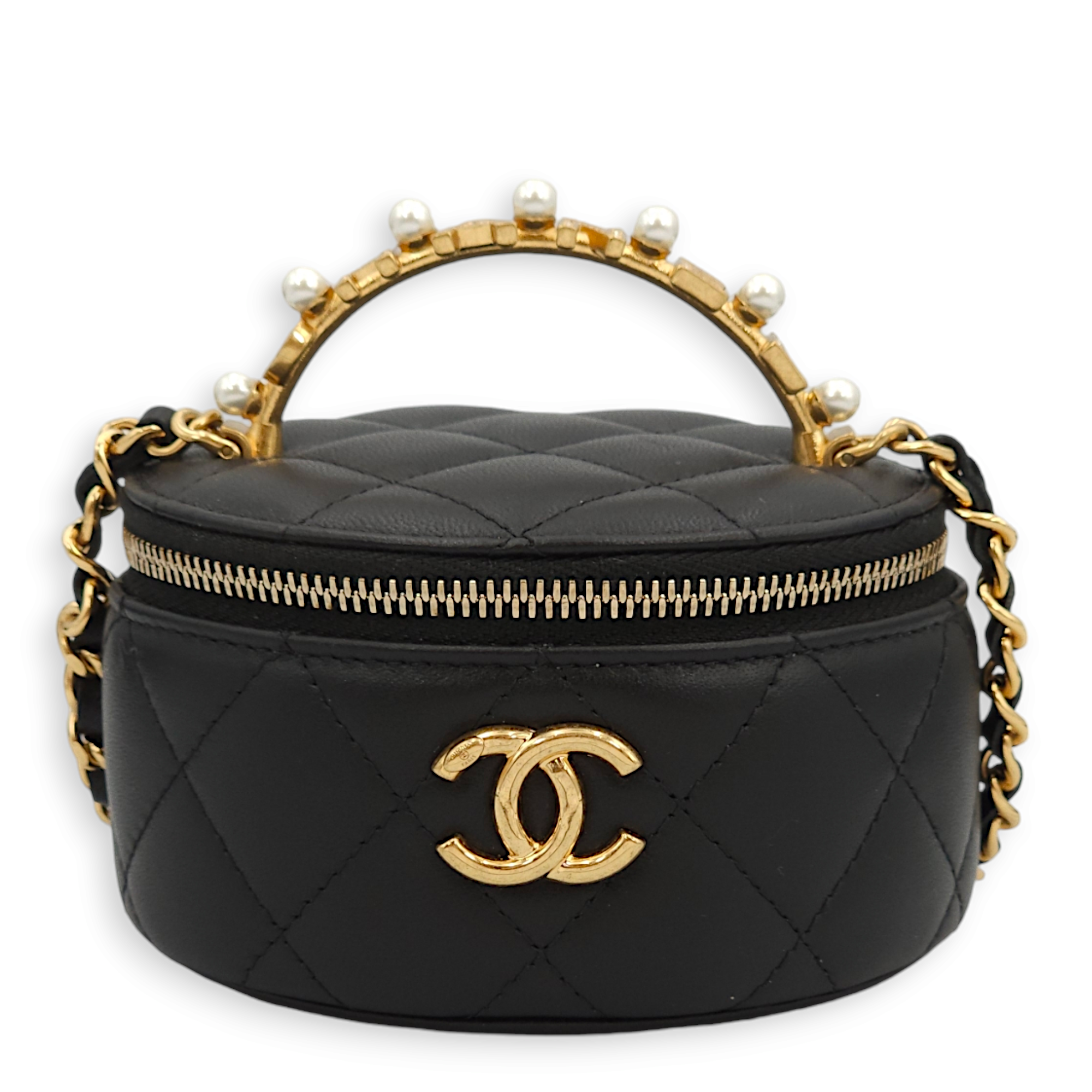 Round Vanity Logo/Pearl Black Top Handle Bag in Lambskin, Gold hardware