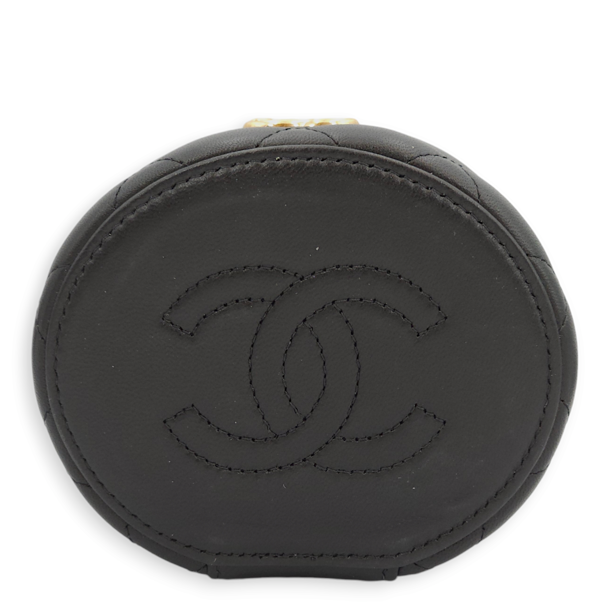 Round Vanity Logo/Pearl Black Top Handle Bag in Lambskin, Gold hardware