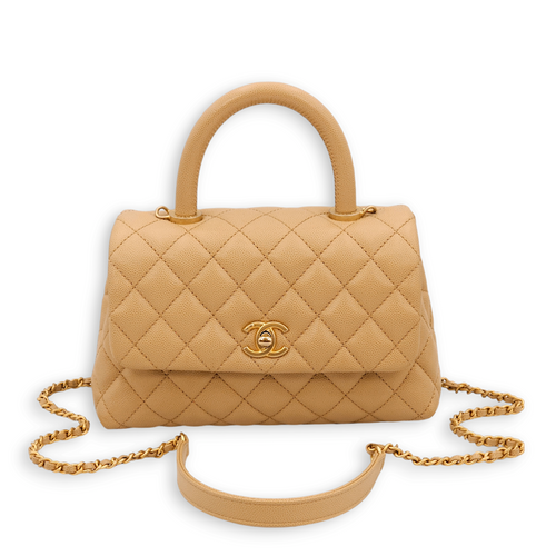 Quilted CoCo Small Beige Top Handle Bag in Caviar Leather, Gold hardware