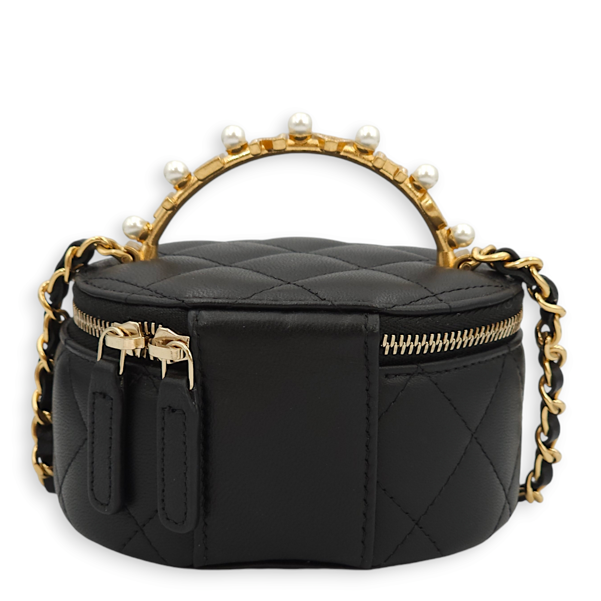 Round Vanity Logo/Pearl Black Top Handle Bag in Lambskin, Gold hardware