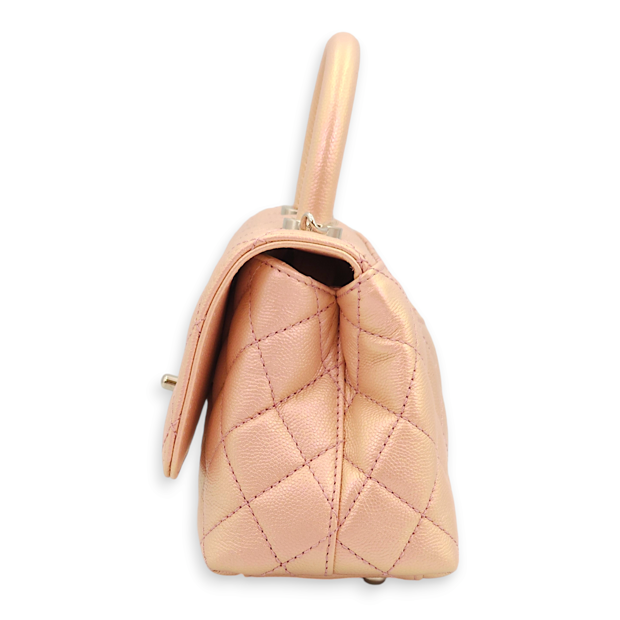 Quilted CoCo Mini Pink Iridescent Top Handle Bag in Caviar Leather, 3-Tone hardware