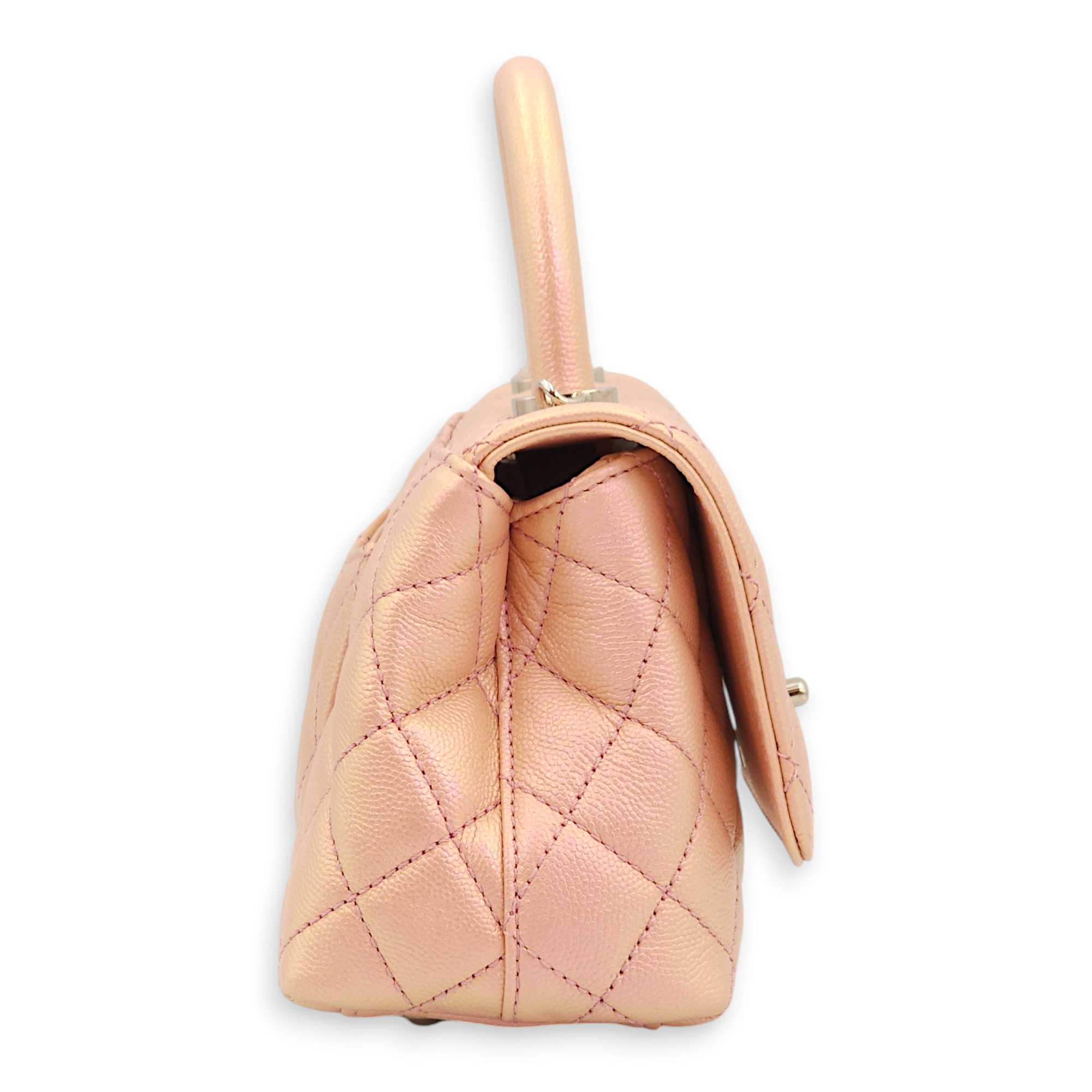 Quilted CoCo Mini Pink Iridescent Top Handle Bag in Caviar Leather, 3-Tone hardware