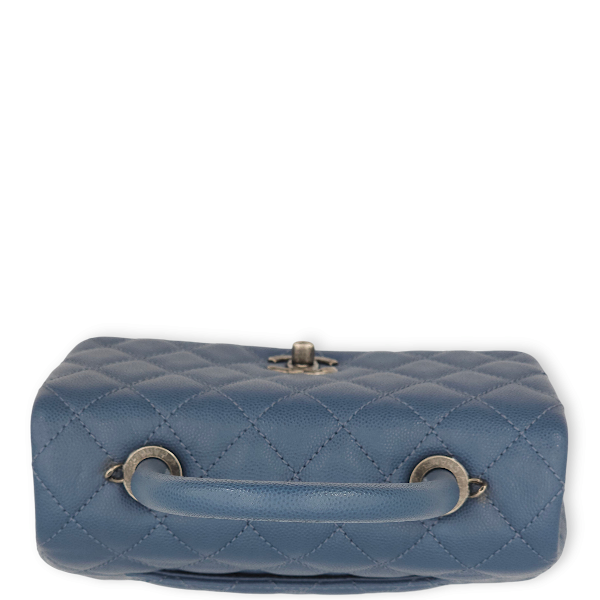 Quilted CoCo Small Blue Top Handle Bag in Caviar Leather, Ruthenium hardware