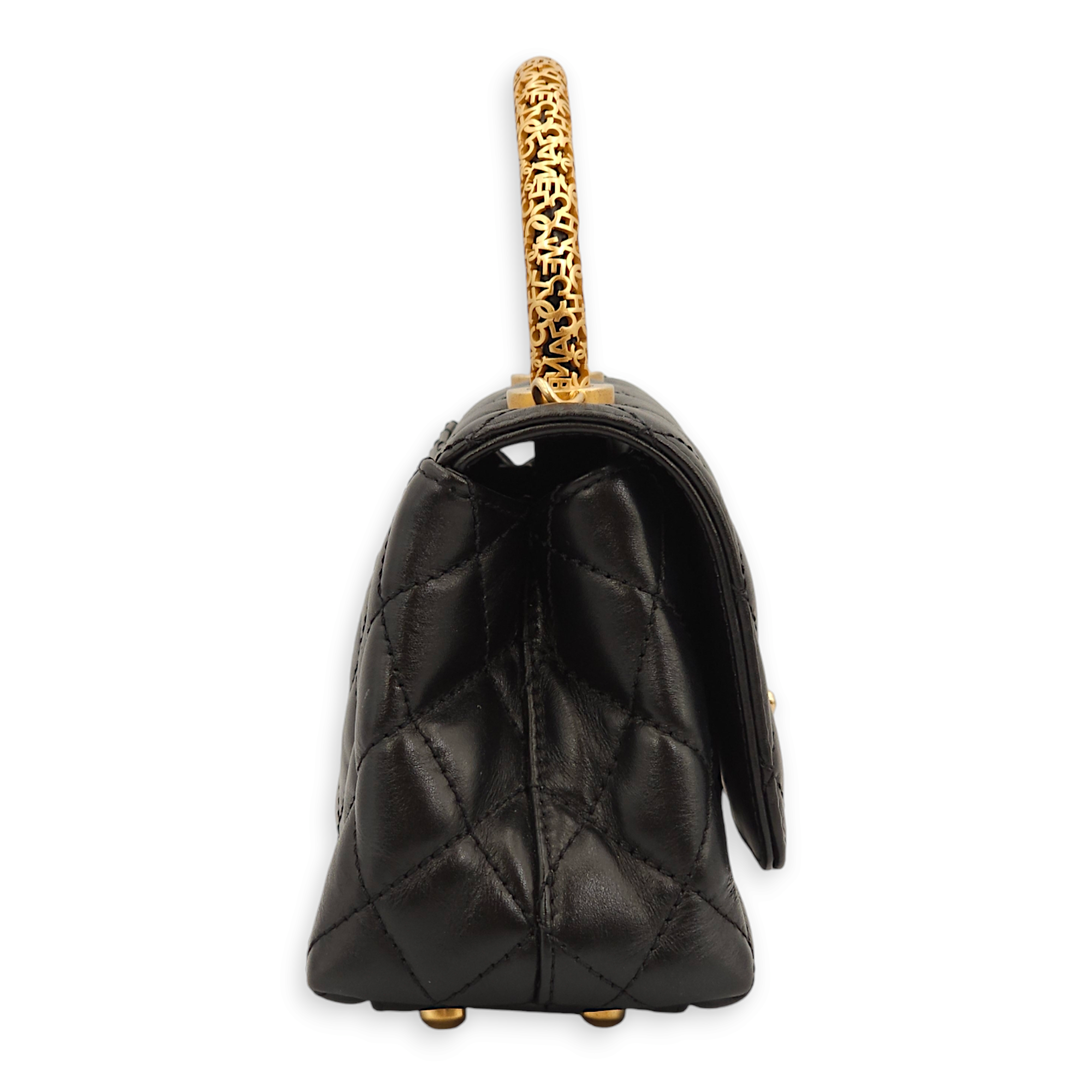 Quilted Coco Mini Black Top Handle Bag in Calfskin, Gold hardware