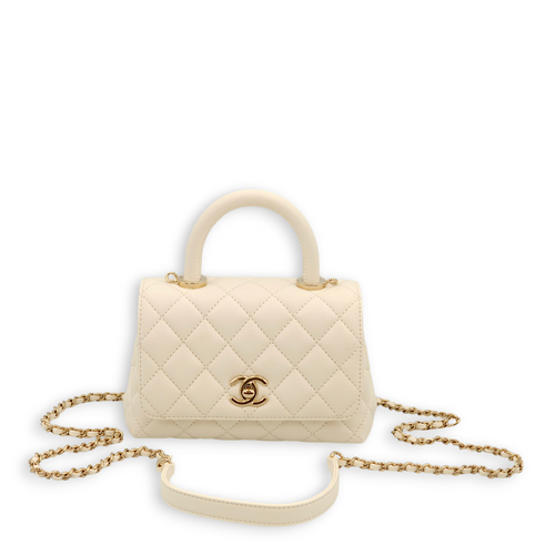 Quilted Coco Mini White Top Handle Bag in Caviar Leather, Gold hardware