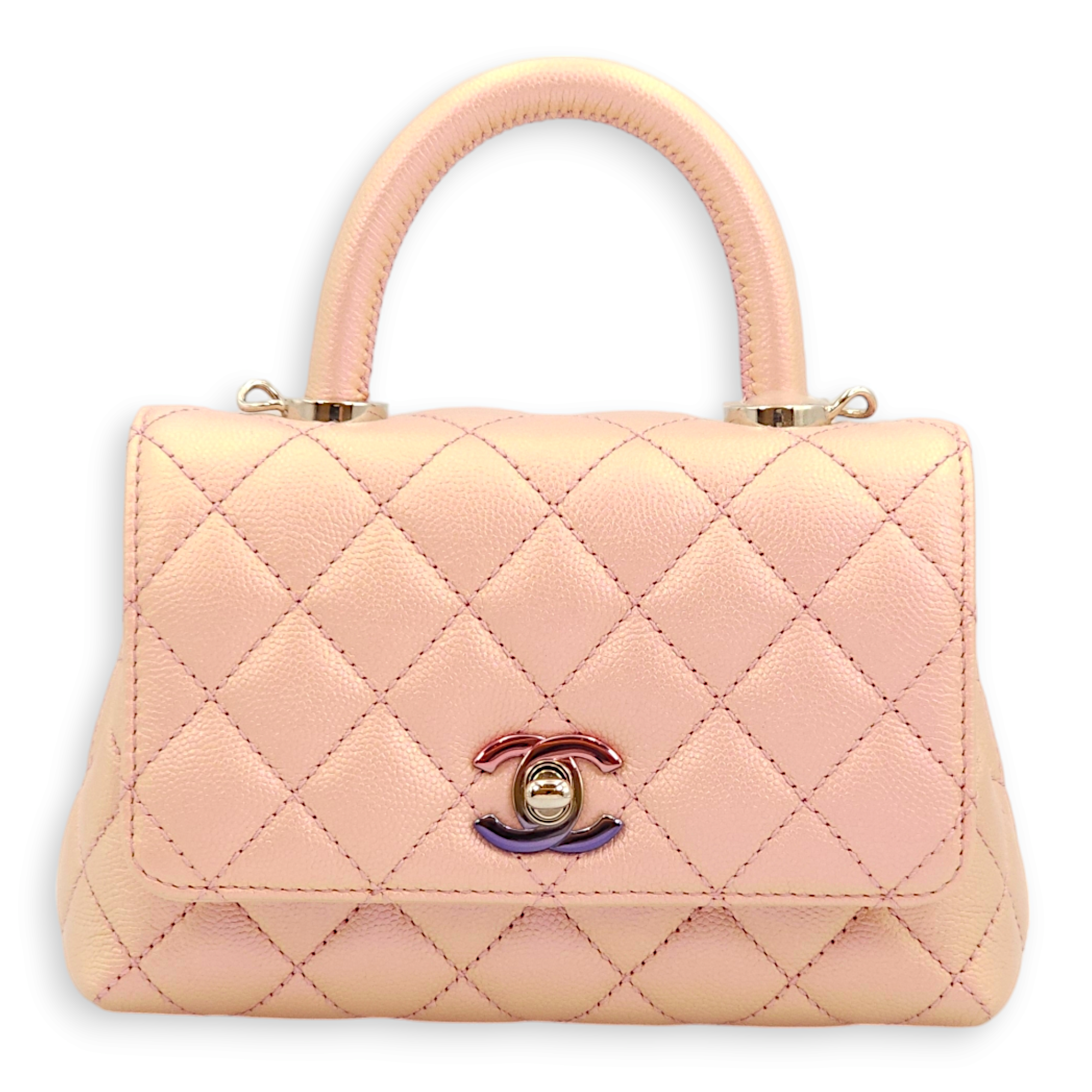 Quilted CoCo Mini Pink Iridescent Top Handle Bag in Caviar Leather, 3-Tone hardware