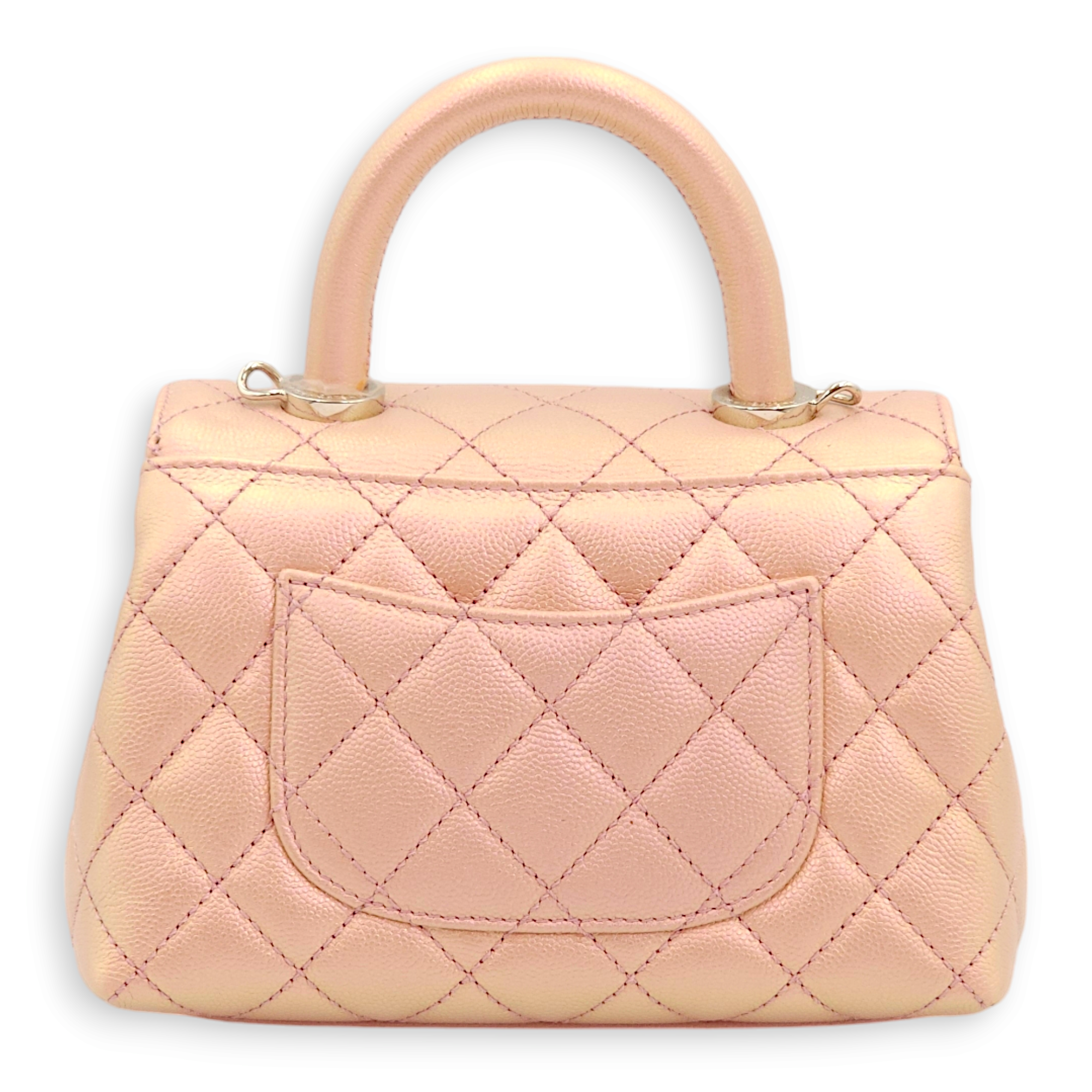 Quilted CoCo Mini Pink Iridescent Top Handle Bag in Caviar Leather, 3-Tone hardware